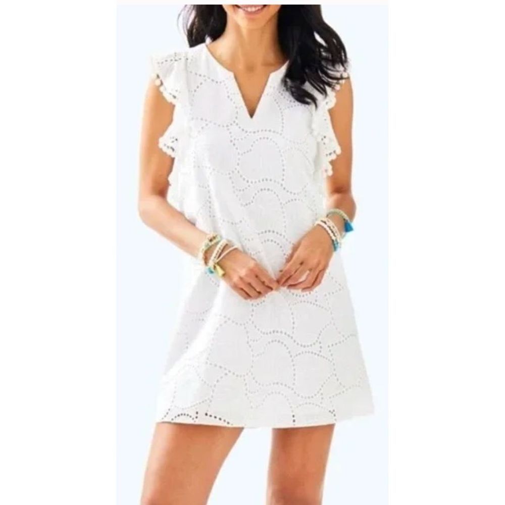 Lilly Pulitzer Astana Resort White Leaf Eyelet Pompom lined dress. Size M. 29740